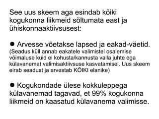 See uus skeem aga esindab kõiki
kogukonna liikmeid sõltumata east ja
ühiskonnaaktiivsusest:
● Arvesse võetakse lapsed ja eakad-väetid.
(Seadus küll annab eakatele valimistel osalemise
võimaluse kuid ei kohusta/kannusta valla juhte ega
külavanemat valimisaktiivsuse kasvatamisel. Uus skeem
eirab seadust ja arvestab KÕIKI elanike)
● Kogukondade ülese kokkuleppega
külavanemad tagavad, et 99% kogukonna
liikmeid on kaasatud külavanema valimisse.
 