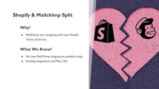 Why?
● MailChimp not complying with new Shopify
Terms of Service
What We Know?
● No new MailChimp integrations available today
● Existing integrations end May 12th
Shopify & Mailchimp Split
 