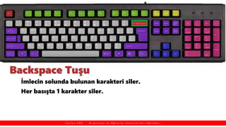 Backspace Tuşu
İmlecin solunda bulunan karakteri siler.
Her basışta 1 karakter siler.
T a y f u n K O Ç , B i l g i s a y a r v e Ö ğ r e t i m T e k n o l o j i l e r i E ğ i t m e n i
 