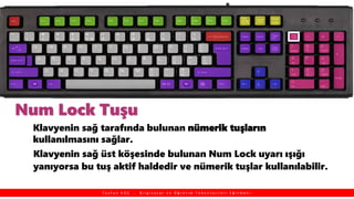 Num Lock Tuşu
Klavyenin sağ tarafında bulunan nümerik tuşların
kullanılmasını sağlar.
Klavyenin sağ üst köşesinde bulunan Num Lock uyarı ışığı
yanıyorsa bu tuş aktif haldedir ve nümerik tuşlar kullanılabilir.
T a y f u n K O Ç , B i l g i s a y a r v e Ö ğ r e t i m T e k n o l o j i l e r i E ğ i t m e n i
 