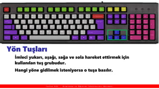 Yön Tuşları
İmleci yukarı, aşağı, sağa ve sola hareket ettirmek için
kullanılan tuş grubudur.
Hangi yöne gidilmek isteniyorsa o tuşa basılır.
T a y f u n K O Ç , B i l g i s a y a r v e Ö ğ r e t i m T e k n o l o j i l e r i E ğ i t m e n i
 