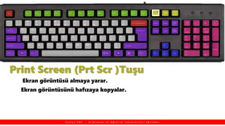 Print Screen (Prt Scr )Tuşu
Ekran görüntüsü almaya yarar.
Ekran görüntüsünü hafızaya kopyalar.
T a y f u n K O Ç , B i l g i s a y a r v e Ö ğ r e t i m T e k n o l o j i l e r i E ğ i t m e n i
 