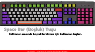 Space Bar (Boşluk) Tuşu
Kelimeler arasında boşluk bırakmak için kullanılan tuştur.
T a y f u n K O Ç , B i l g i s a y a r v e Ö ğ r e t i m T e k n o l o j i l e r i E ğ i t m e n i
 