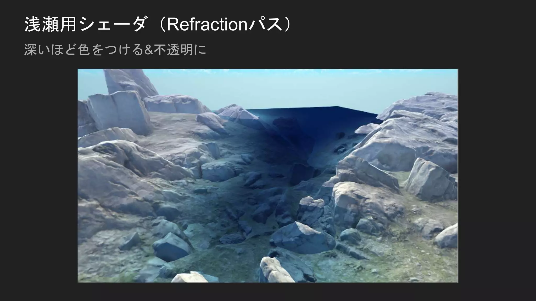 浅瀬用シェーダ（Refractionパス）
深いほど色をつける&不透明に
 