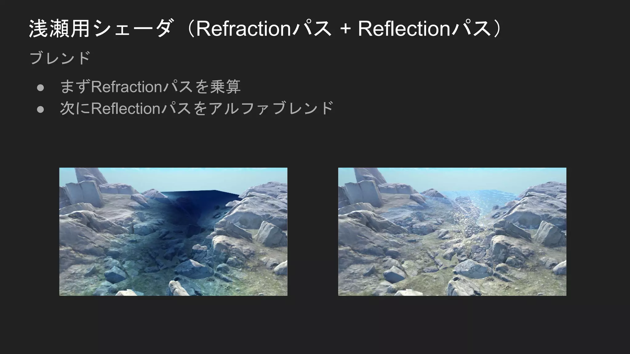 ● まずRefractionパスを乗算
● 次にReflectionパスをアルファブレンド
浅瀬用シェーダ（Refractionパス + Reflectionパス）
ブレンド
 