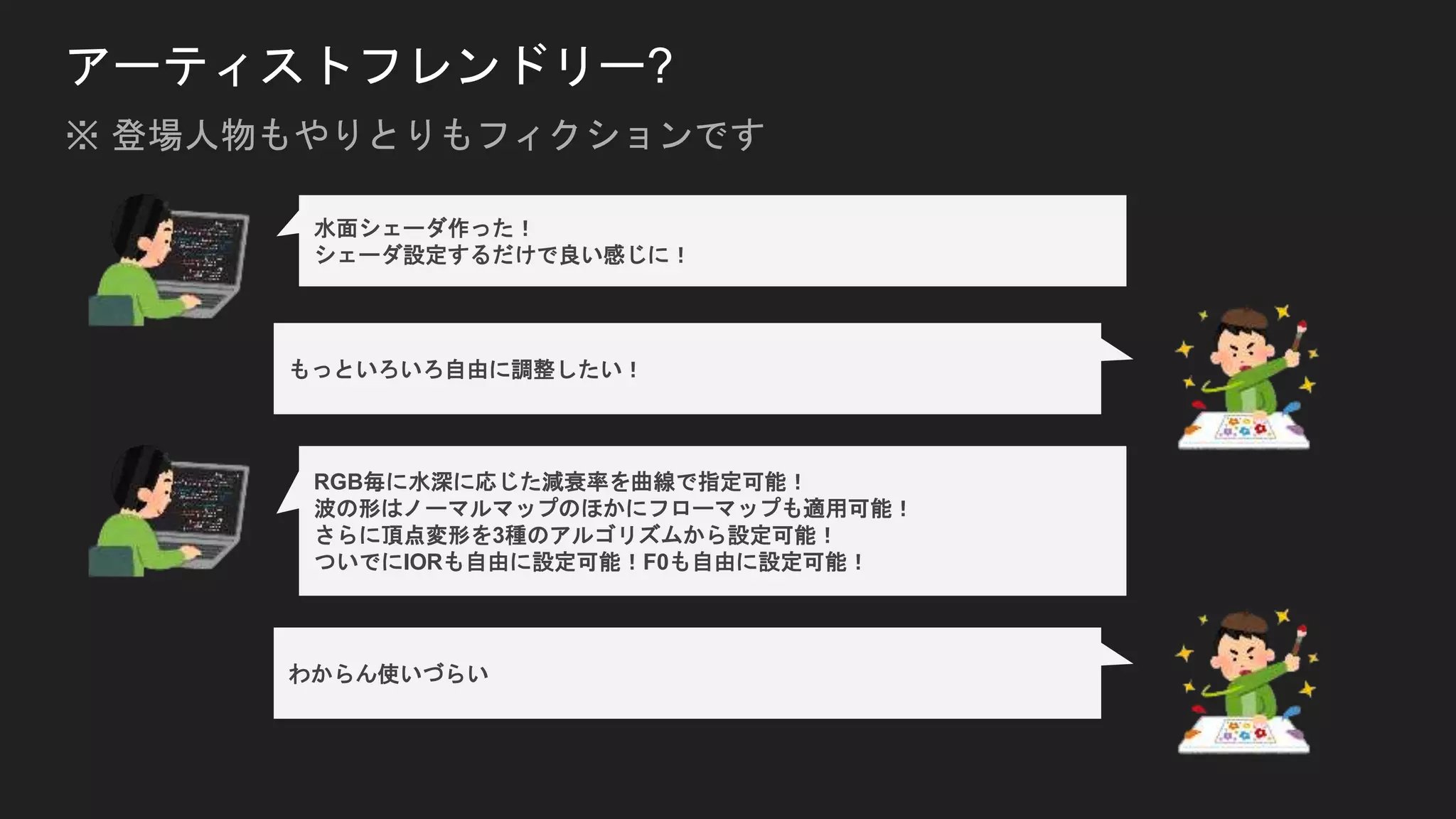 アーティストフレンドリー?
水面シェーダ作った！
シェーダ設定するだけで良い感じに！
もっといろいろ自由に調整したい！
RGB毎に水深に応じた減衰率を曲線で指定可能！
波の形はノーマルマップのほかにフローマップも適用可能！
さらに頂点変形を3種のアルゴリズムから設定可能！
ついでにIORも自由に設定可能！F0も自由に設定可能！
わからん使いづらい
※ 登場人物もやりとりもフィクションです
 