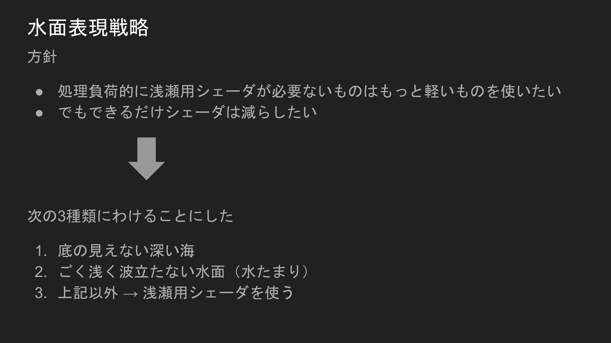 水面表現戦略
方針
● 処理負荷的に浅瀬用シェーダが必要ないものはもっと軽いものを使いたい
● でもできるだけシェーダは減らしたい
次の3種類にわけることにした
1. 底の見えない深い海
2. ごく浅く波立たない水面（水たまり）
3. 上記以外 → 浅瀬用シェーダを使う
 