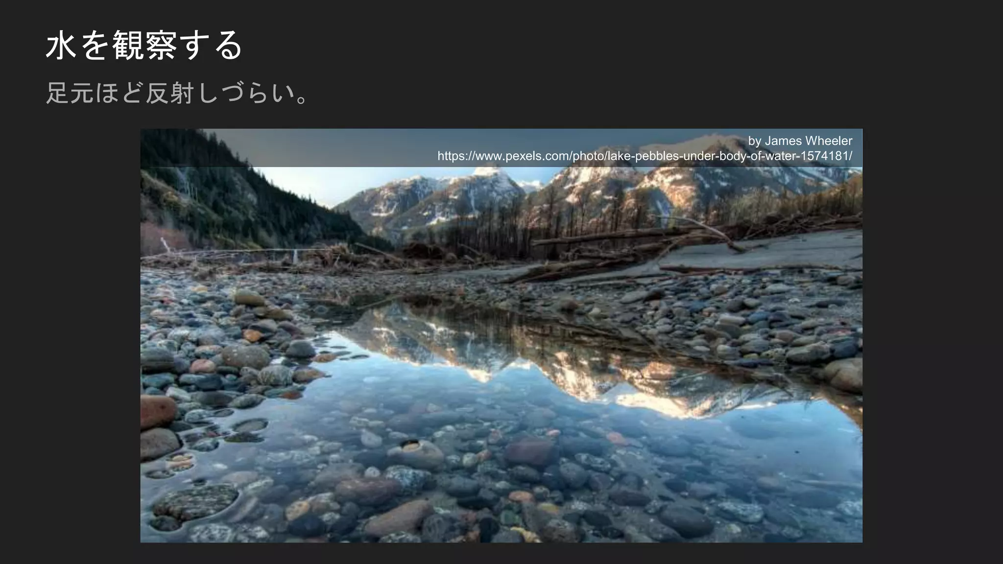 水を観察する
足元ほど反射しづらい。
by James Wheeler
https://www.pexels.com/photo/lake-pebbles-under-body-of-water-1574181/
 