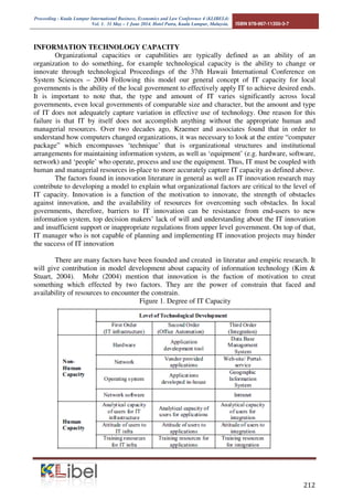 Proceeding - Kuala Lumpur International Business, Economics and Law Conference 4 (KLIBEL4) 
Vol. 1. 31 May – 1 June 2014. Hotel Putra, Kuala Lumpur, Malaysia. ISBN 978-967-11350-3-7 
 
INFORMATION TECHNOLOGY CAPACITY 
Organizational capacities or capabilities are typically defined as an ability of an 
organization to do something, for example technological capacity is the ability to change or 
innovate through technological Proceedings of the 37th Hawaii International Conference on 
System Sciences – 2004 Following this model our general concept of IT capacity for local 
governments is the ability of the local government to effectively apply IT to achieve desired ends. 
It is important to note that, the type and amount of IT varies significantly across local 
governments, even local governments of comparable size and character, but the amount and type 
of IT does not adequately capture variation in effective use of technology. One reason for this 
failure is that IT by itself does not accomplish anything without the appropriate human and 
managerial resources. Over two decades ago, Kraemer and associates found that in order to 
understand how computers changed organizations, it was necessary to look at the entire “computer 
package” which encompasses ‘technique’ that is organizational structures and institutional 
arrangements for maintaining information system, as well as ‘equipment’ (e.g. hardware, software, 
network) and ‘people’ who operate, process and use the equipment. Thus, IT must be coupled with 
human and managerial resources in-place to more accurately capture IT capacity as defined above. 
The factors found in innovation literature in general as well as IT innovation research may 
contribute to developing a model to explain what organizational factors are critical to the level of 
IT capacity. Innovation is a function of the motivation to innovate, the strength of obstacles 
against innovation, and the availability of resources for overcoming such obstacles. In local 
governments, therefore, barriers to IT innovation can be resistance from end-users to new 
information system, top decision makers’ lack of will and understanding about the IT innovation 
and insufficient support or inappropriate regulations from upper level government. On top of that, 
IT manager who is not capable of planning and implementing IT innovation projects may hinder 
the success of IT innovation 
There are many factors have been founded and created in literatur and empiric research. It 
will give contribution in model development about capacity of information technology (Kim  
Stuart, 2004). Mohr (2004) mention that innovation is the fuction of motivation to creat 
something which effected by two factors. They are the power of constrain that faced and 
availability of resources to encounter the constrain. 
Figure 1. Degree of IT Capacity 
 