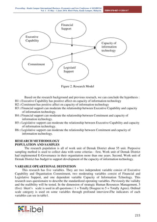 Proceeding - Kuala Lumpur International Business, Economics and Law Conference 4 (KLIBEL4) 
Vol. 1. 31 May – 1 June 2014. Hotel Putra, Kuala Lumpur, Malaysia. ISBN 978-967-11350-3-7 
 
Financial 
Support 
Legislatif 
Support 
Figure 2. Research Model 
Executive 
Capability 
Capacity of 
information 
technology 
Commitment 
Based on the research background and previous reserach, we can cunclude the hypothesis : 
H1 : Executive Capability has positive affect on capacity of information technology 
H2 : Comitment has positive affect on capacity of information technology 
H3 : Financial support can moderate the relationship between Executive Capability and capacity 
of information technology. 
H4 : Financial support can moderate the relationship between Comitment and capacity of 
information technology. 
H5 : Legislative support can moderate the relationship between Executive Capability and capacity 
of information technology. 
H6 : Legislative support can moderate the relationship between Comitment and capacity of 
information technology. 
RESEARCH METHODOLOGY 
POPULATION AND SAMPLES 
The research population is all of work unit of Demak District about 55 unit. Purposive 
sampling method is used to collect data with some criterias : first, Work unit of Demak District 
had implemented E-Governance in their organitation more than one years. Second, Work unit of 
Demak District has budget to support development of the capacity of information technology. 
VARIABLE OPEARTIONAL DEFINITION 
This research has five variables. They are two independent variable consist of Executive 
Capability and Organitation Commitment, two moderating variables consist of Financial and 
Legislative Support, and one dependent variable Capacity of Information Tchnology. This 
research uses questionaire to describe the standardized operating variables. Previously the vailidty 
and the realibility will be tested. In the dimension of strategic Human Resources Management, 5 
(five) likert’s scale is used in all questions ( 1 = Totally Disagree to 5 = Totally Agree). Ordinal 
scale category is used on some variables through profound interviewsThe indicators of each 
variables can see in table1. 
 