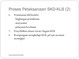 Proses Pelaksanaan SKD-KLB (2)
6.   Pemantauan thd kondisi
     - lingkungan pemukiman
     - masyarakat
     - pelayanan kesehatan
7.   Penyelidikan situasi rawan/dugaan KLB
8.   Kesiapsiagaan menghadapi KLB, pd saat ancaman
     meningkat




KLB-SKD/EPIDKESB
 