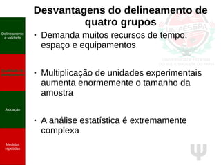 Ψ
Desvantagens do delineamento de
quatro grupos
Delineamento
e validade
Qualidade do
planejamento
Alocação
Medidas
repetidas
● Demanda muitos recursos de tempo,
espaço e equipamentos
● Multiplicação de unidades experimentais
aumenta enormemente o tamanho da
amostra
● A análise estatística é extremamente
complexa
 