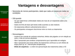 Ψ
Vantagens e desvantagens
●
Necessita de menos participantes, dado que cada um passa por todas as
condições
●
Útil quando
– Se quer determinar a efetividade relativa de mais de um tratamento sobre uma
mesma VD
– Dados de linha de base (pré-teste) estão ausentes ou são instáveis
– Os tratamentos diferem suficientemente entre si
– Os participantes conseguem discriminar entre os níveis ou tratamentos
● Desvantagens:
– Ausência de controle de variáveis estranhas; efeitos são julgados um em relação ao
outro, e não em termos absolutos
– Não é apropriado para analisar comportamento que é aprendido em estágios
– Não é apropriado para testar efeitos de tratamentos contínuos ou com efeitos de
longo prazo (p. ex., intervenções terapêuticas)
– Efeito de sequência – a ordem de apresentação dos tratamentos afeta a VD
Delineamento
e validade
Qualidade do
planejamento
Alocação
Medidas
repetidas
 