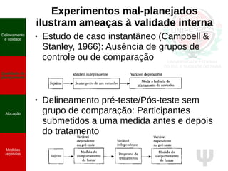 Ψ
Experimentos mal-planejados
ilustram ameaças à validade interna
● Estudo de caso instantâneo (Campbell &
Stanley, 1966): Ausência de grupos de
controle ou de comparação
● Delineamento pré-teste/Pós-teste sem
grupo de comparação: Participantes
submetidos a uma medida antes e depois
do tratamento
Delineamento
e validade
Qualidade do
planejamento
Alocação
Medidas
repetidas
 