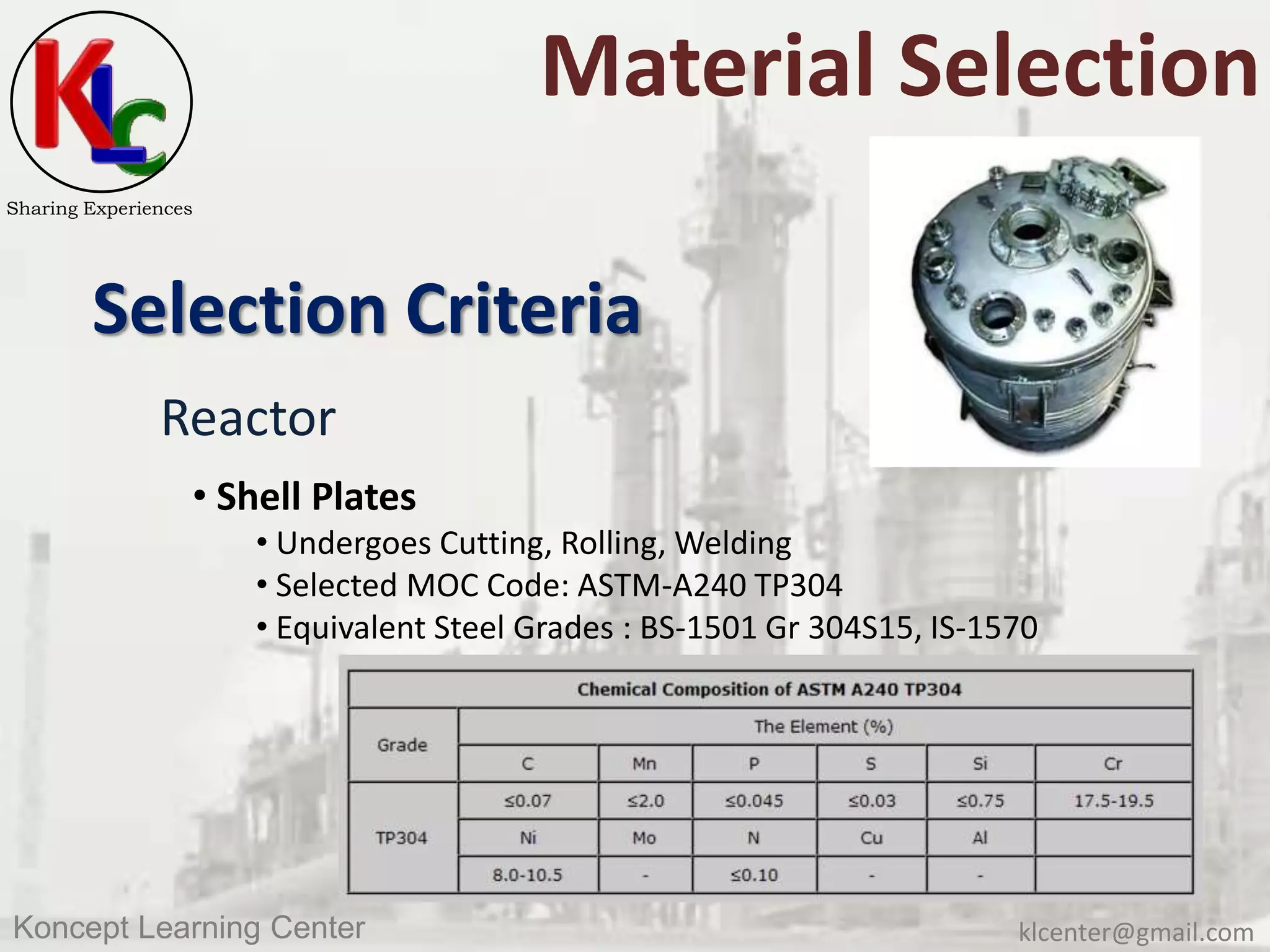 klcenter@gmail.comKoncept Learning Center
Sharing Experiences
Material Selection
Selection Criteria
Reactor
• Shell Plates
• Undergoes Cutting, Rolling, Welding
• Selected MOC Code: ASTM-A240 TP304
• Equivalent Steel Grades : BS-1501 Gr 304S15, IS-1570
 