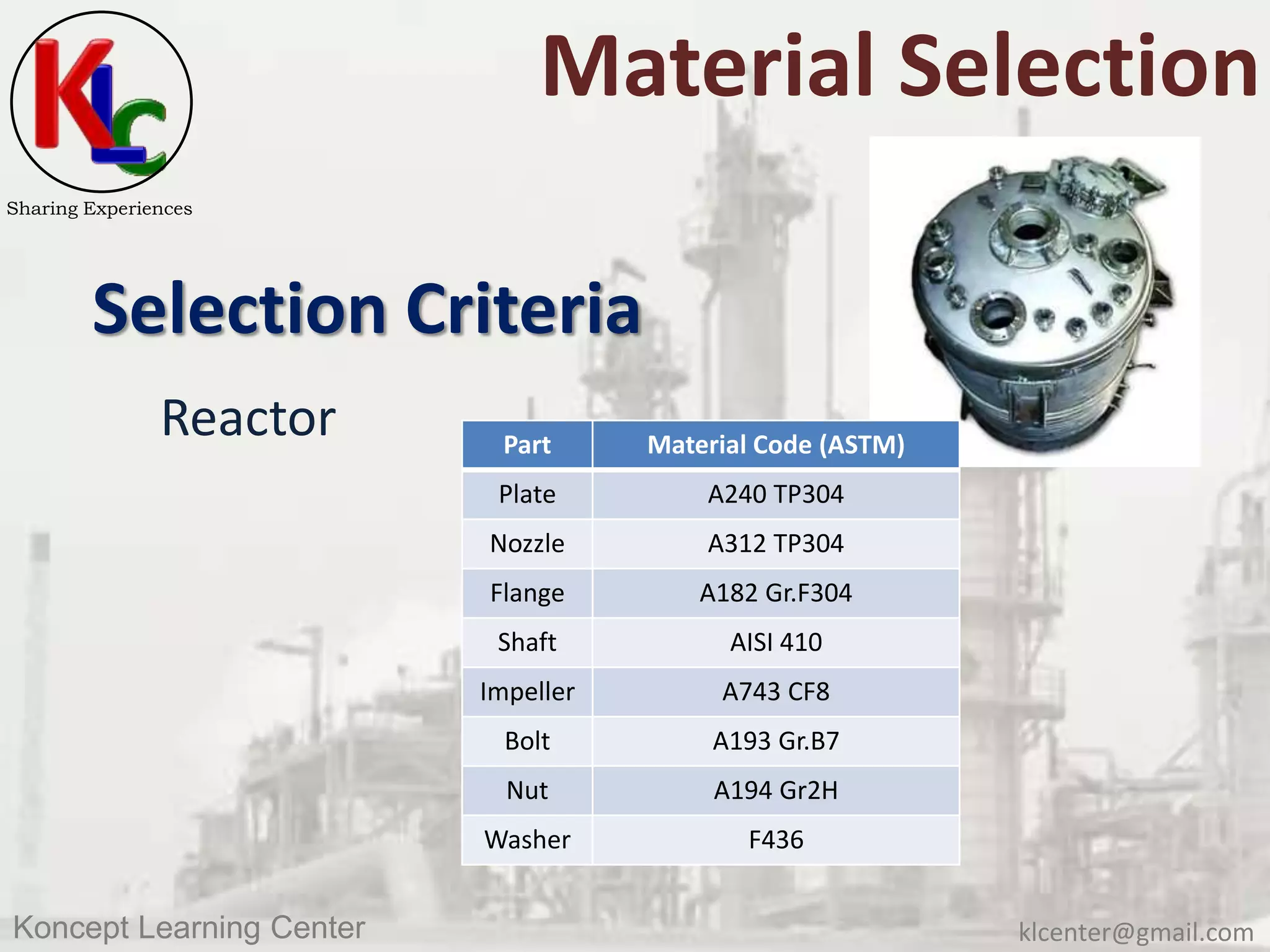 klcenter@gmail.comKoncept Learning Center
Sharing Experiences
Material Selection
Selection Criteria
Reactor Part Material Code (ASTM)
Plate A240 TP304
Nozzle A312 TP304
Flange A182 Gr.F304
Shaft AISI 410
Impeller A743 CF8
Bolt A193 Gr.B7
Nut A194 Gr2H
Washer F436
 