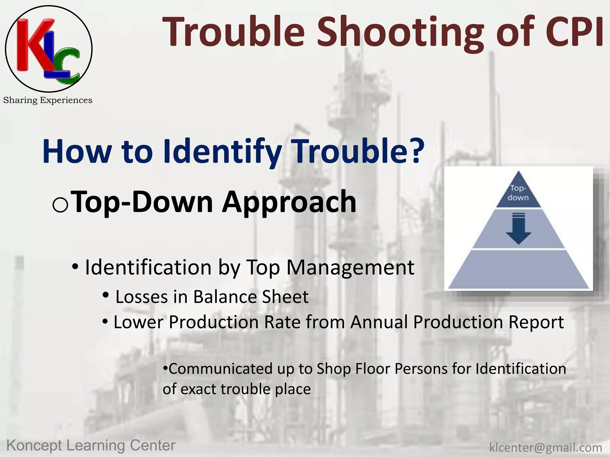 klcenter@gmail.comKoncept Learning Center
Sharing Experiences
Trouble Shooting of CPI
How to Identify Trouble?
oTop-Down Approach
• Identification by Top Management
• Losses in Balance Sheet
• Lower Production Rate from Annual Production Report
•Communicated up to Shop Floor Persons for Identification
of exact trouble place
 