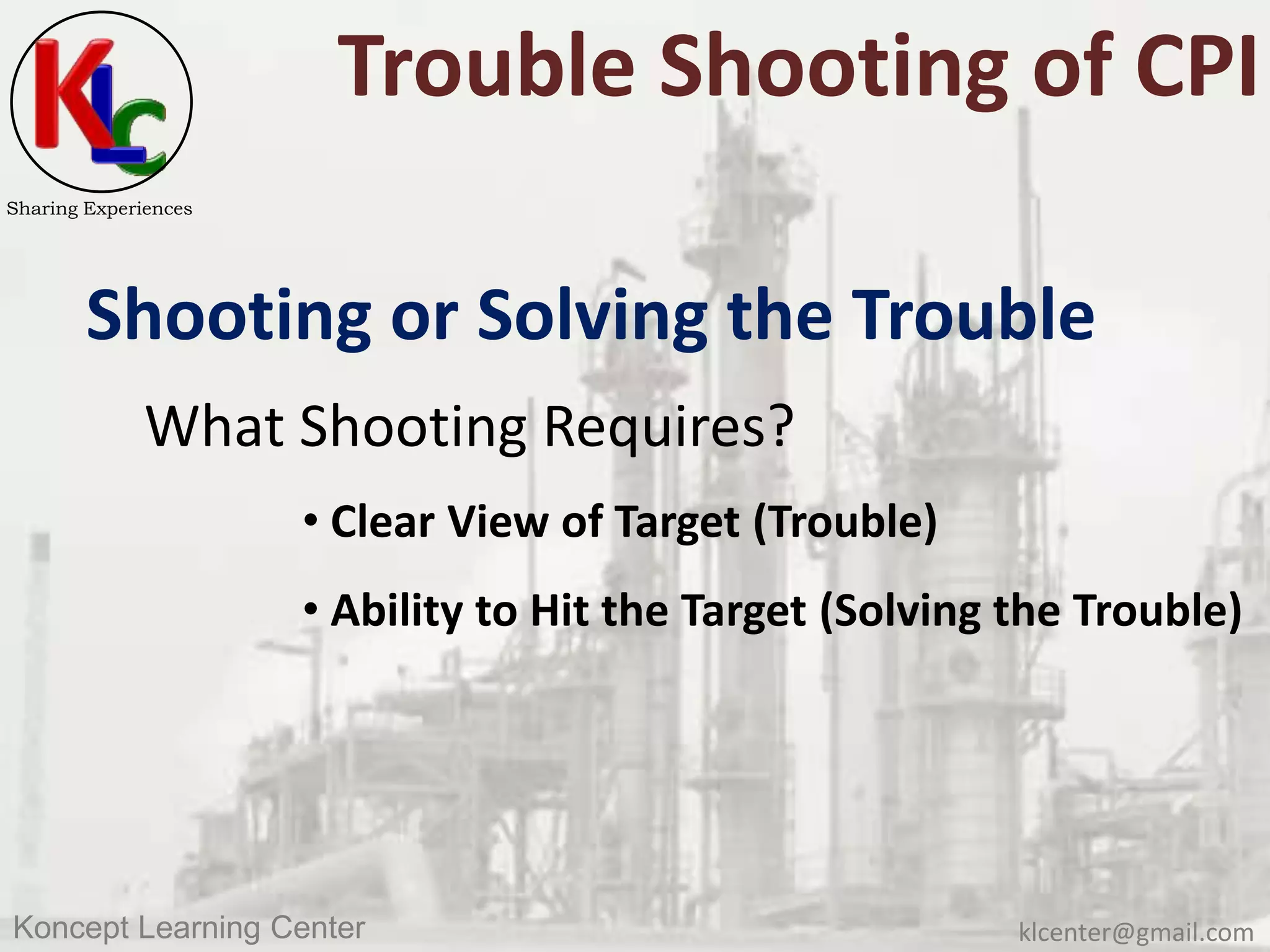 klcenter@gmail.comKoncept Learning Center
Sharing Experiences
Trouble Shooting of CPI
Shooting or Solving the Trouble
What Shooting Requires?
• Clear View of Target (Trouble)
• Ability to Hit the Target (Solving the Trouble)
 