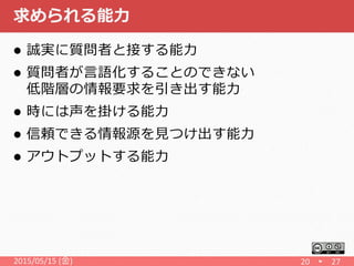 求められる能力
 誠実に質問者と接する能力
 質問者が言語化することのできない
低階層の情報要求を引き出す能力
 時には声を掛ける能力
 信頼できる情報源を見つけ出す能力
 アウトプットする能力
2015/05/15 (金) 20 27
 