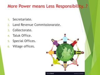 More Power means Less Responsibility..?
jamesadhikaram
1. Secretariate.
2. Land Revenue Commissionarate.
3. Collectorate.
4. Taluk Office.
5. Special Offices.
6. Village offices.
 