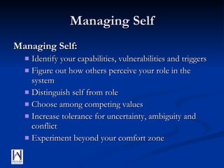 Managing Self Managing Self: Identify your capabilities, vulnerabilities and triggers Figure out how others perceive your role in the system Distinguish self from role Choose among competing values Increase tolerance for uncertainty, ambiguity and conflict Experiment beyond your comfort zone 
