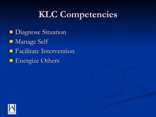 KLC Competencies Diagnose Situation Manage Self Facilitate Intervention Energize Others 