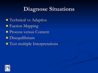 Diagnose Situations Technical vs Adaptive Faction Mapping Process versus Content Disequilibrium Test multiple Interpretations 