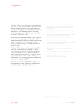 7Modes of Work
The Modes of Work research is being used in two major ways.
First, we’re using it to help organizations understand the whole
spectrum of needs people have as they move through their
workday, transitioning between Modes of Work. Understanding
and supporting those needs and transitions will improve
individual and organizational effectiveness, as evidenced by
the exemplar organizations studied.
Second, once they understand the Modes of Work, companies
are using them to purposefully consider the behaviors they
feel will help them meet their business objectives and to design
spaces that support those behaviors. We believe space
provides cues that encourage and signal the importance of
desired behaviors.
The Modes of Work help form the foundation of Living Office.
They drove the development of our Settings (e.g., Haven,
Forum, Landing). Each Setting meets behavioral, cognitive,
and physical criteria based on our understanding of work
modes. Strategic Placemaking, in which Settings are purpose­
fully arranged within a Landscape (or floor plate) in such
a way that they bring an organization’s unique strategy to life,
is essential to creating a Living Office.
Because of our understanding of the Modes of Work, we can
help organizations consider how to better provision for their
people, their work, and ultimately their business.
1.	 Herman Miller, Inc., (with Cheskin Research) internal document, “Collaboration:
Applied Exploration Report,” 1998, as cited in “Making Room for Collaboration,”
http://www.hermanmiller.com/research/research-summaries/making-room-
for-collaboration.html.
2.	 Herman Miller, Inc., and Gensler, “When Groups Work: A Joint Research Effort
Exploring the Relationship Between Space and Group,” 2007.
3.	 Nigel Oseland, PhD CPsychol, “The Psychology of Collaboration Space,” on behalf
of Herman Miller, June 2012. More than 50 sources were reviewed.
4.	 Norman Warner, Michael Letsky, Michael Cowen, “Cognitive Model of Team
Collaboration: Macro-Cognitive Focus,” 2005, p. 3; pdf:
http://www.dtic.mil/cgi-bin/GetTRDoc?AD=ADA476887.
5.	 Steve Johnson, Where Good Ideas Come From, Penguin Group, 2010, citing Kevin
Dunbar’s research, “How Scientists Build Models.”
6.	 Herman Miller, “Ws of Work: A Global Exploration on Collaboration,”
September 2011.
http://www.hermanmiller.com/research/research-summaries/what-it-takes-
to-collaborate.html.
7.	 Herman Miller internal document, “The Anatomy of Collaboration,” 2012.
8.	 Norman Warner, Michael Letsky, Michael Cowen, “Cognitive Model of Team
Collaboration: Macro-Cognitive Focus,” 2005, p. 3; pdf:
http://www.dtic.mil/cgi-bin/GetTRDoc?AD=ADA476887.
©	 2013 Herman Miller, Inc. Zeeland, Michigan
®	 Y and Herman Miller are among the registered trademarks of Herman Miller, Inc.
Living Office
 
