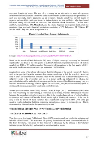 Proceeding - Kuala Lumpur International Business, Economics and Law Conference 4 (KLIBEL4) 
Vol. 2. 31 May – 1 June 2014. Hotel Putra, Kuala Lumpur, Malaysia. ISBN 978-967-11350-3-7 
represent deposits of users. The use of e - money as an alternative to non-cash payment 
instruments in some countries shows that there is considerable potential reduces the growth rate of 
cash use, especially micro- payments are up to retail . Society already has several means of 
payment such as debit, credit, and so on. In Indonesia there are nine publishers who have issued 
electronic money, five of which are banks and four other non - bank institutions . The five banks 
are BCA, Mandiri Bank, BNI, Mega Bank, and the Jakarta Regional Development Bank, while the 
remaining four non-bank financial institutions consisting of PT Telkomsel, PT Telkom, PT 
Indosa, and PT Sky Sat ( www. waspada.co.id ). 
 
Figure 1: Market Share E-money in Indonesia 
 
 
 
 
 
 
	
  
