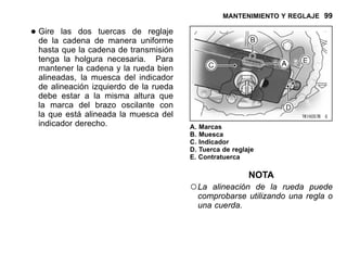 MANTENIMIENTO Y REGLAJE 99
•Gire las dos tuercas de reglaje
de la cadena de manera uniforme
hasta que la cadena de transmisión
tenga la holgura necesaria. Para
mantener la cadena y la rueda bien
alineadas, la muesca del indicador
de alineación izquierdo de la rueda
debe estar a la misma altura que
la marca del brazo oscilante con
la que está alineada la muesca del
indicador derecho. A. Marcas
B. Muesca
C. Indicador
D. Tuerca de reglaje
E. Contratuerca
NOTA
○La alineación de la rueda puede
comprobarse utilizando una regla o
una cuerda.
 