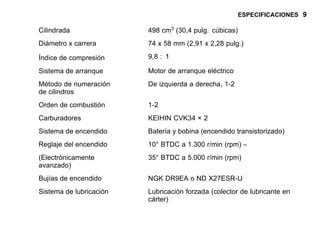 ESPECIFICACIONES 9
Cilindrada 498 cm3
(30,4 pulg. cúbicas)
Diámetro x carrera 74 x 58 mm (2,91 x 2,28 pulg.)
Índice de compresión 9,8 : 1
Sistema de arranque Motor de arranque eléctrico
Método de numeración
de cilindros
De izquierda a derecha, 1-2
Orden de combustión 1-2
Carburadores KEIHIN CVK34 × 2
Sistema de encendido Batería y bobina (encendido transistorizado)
Reglaje del encendido 10° BTDC a 1.300 r/min (rpm) ∼
(Electrónicamente
avanzado)
35° BTDC a 5.000 r/min (rpm)
Bujías de encendido NGK DR9EA o ND X27ESR-U
Sistema de lubricación Lubricación forzada (colector de lubricante en
cárter)
 