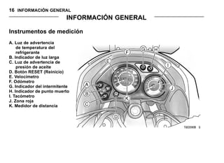 16 INFORMACIÓN GENERAL
INFORMACIÓN GENERAL
Instrumentos de medición
A. Luz de advertencia
de temperatura del
refrigerante
B. Indicador de luz larga
C. Luz de advertencia de
presión de aceite
D. Botón RESET (Reinicio)
E. Velocímetro
F. Odómetro
G. Indicador del intermitente
H. Indicador de punto muerto
I. Tacómetro
J. Zona roja
K. Medidor de distancia
 