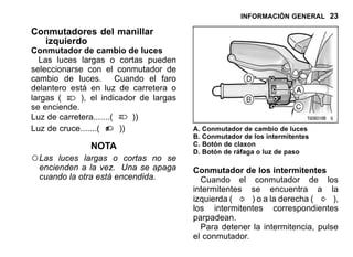 INFORMACIÓN GENERAL 23
Conmutadores del manillar
izquierdo
Conmutador de cambio de luces
Las luces largas o cortas pueden
seleccionarse con el conmutador de
cambio de luces. Cuando el faro
delantero está en luz de carretera o
largas ( ), el indicador de largas
se enciende.
Luz de carretera.......( ))
Luz de cruce.......( ))
NOTA
○Las luces largas o cortas no se
encienden a la vez. Una se apaga
cuando la otra está encendida.
A. Conmutador de cambio de luces
B. Conmutador de los intermitentes
C. Botón de claxon
D. Botón de ráfaga o luz de paso
Conmutador de los intermitentes
Cuando el conmutador de los
intermitentes se encuentra a la
izquierda ( ) o a la derecha ( ),
los intermitentes correspondientes
parpadean.
Para detener la intermitencia, pulse
el conmutador.
 