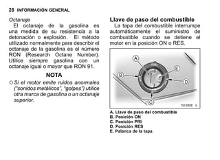 28 INFORMACIÓN GENERAL
Octanaje
El octanaje de la gasolina es
una medida de su resistencia a la
detonación o explosión. El método
utilizado normalmente para describir el
octanaje de la gasolina es el número
RON (Research Octane Number).
Utilice siempre gasolina con un
octanaje igual o mayor que RON 91.
NOTA
○Si el motor emite ruidos anormales
(“sonidos metálicos”, “golpes”) utilice
otra marca de gasolina o un octanaje
superior.
Llave de paso del combustible
La tapa del combustible interrumpe
automáticamente el suministro de
combustible cuando se detiene el
motor en la posición ON o RES.
A. Llave de paso del combustible
B. Posición ON
C. Posición PRI
D. Posición RES
E. Palanca de la tapa
 