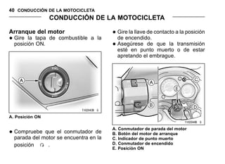 40 CONDUCCIÓN DE LA MOTOCICLETA
CONDUCCIÓN DE LA MOTOCICLETA
Arranque del motor
•Gire la tapa de combustible a la
posición ON.
A. Posición ON
•Compruebe que el conmutador de
parada del motor se encuentra en la
posición .
•Gire la llave de contacto a la posición
de encendido.
•Asegúrese de que la transmisión
esté en punto muerto o de estar
apretando el embrague.
A. Conmutador de parada del motor
B. Botón del motor de arranque
C. Indicador de punto muerto
D. Conmutador de encendido
E. Posición ON
 