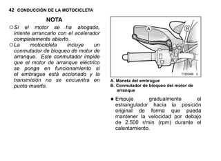 42 CONDUCCIÓN DE LA MOTOCICLETA
NOTA
○Si el motor se ha ahogado,
intente arrancarlo con el acelerador
completamente abierto.
○La motocicleta incluye un
conmutador de bloqueo de motor de
arranque. Este conmutador impide
que el motor de arranque eléctrico
se ponga en funcionamiento si
el embrague está accionado y la
transmisión no se encuentra en
punto muerto.
A. Maneta del embrague
B. Conmutador de bloqueo del motor de
arranque
•Empuje gradualmente el
estrangulador hacia la posición
original de forma que pueda
mantener la velocidad por debajo
de 2.500 r/min (rpm) durante el
calentamiento.
 