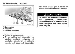 90 MANTENIMIENTO Y REGLAJE
A. Contratuerca
B. Regulador
C. Cable del acelerador
•Apriete la contratuerca.
•Si los cables del acelerador no
pueden ajustarse utilizando el
regulador situado en el extremo
superior del cable del acelerador,
del puño, haga que lo revise un
distribuidor autorizado de Kawasaki..
ADVERTENCIA
La puesta en marcha con cables
mal ajustados, conectados
incorrectamente o defectuosos
podría originar una conducción
poco segura.
 