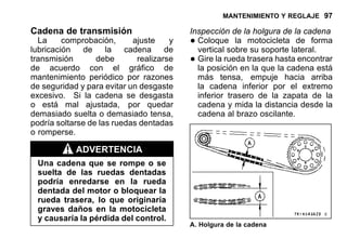 MANTENIMIENTO Y REGLAJE 97
Cadena de transmisión
La comprobación, ajuste y
lubricación de la cadena de
transmisión debe realizarse
de acuerdo con el gráfico de
mantenimiento periódico por razones
de seguridad y para evitar un desgaste
excesivo. Si la cadena se desgasta
o está mal ajustada, por quedar
demasiado suelta o demasiado tensa,
podría soltarse de las ruedas dentadas
o romperse.
ADVERTENCIA
Una cadena que se rompe o se
suelta de las ruedas dentadas
podría enredarse en la rueda
dentada del motor o bloquear la
rueda trasera, lo que originaría
graves daños en la motocicleta
y causaría la pérdida del control.
Inspección de la holgura de la cadena
•Coloque la motocicleta de forma
vertical sobre su soporte lateral.
•Gire la rueda trasera hasta encontrar
la posición en la que la cadena está
más tensa, empuje hacia arriba
la cadena inferior por el extremo
inferior trasero de la zapata de la
cadena y mida la distancia desde la
cadena al brazo oscilante.
A. Holgura de la cadena
 