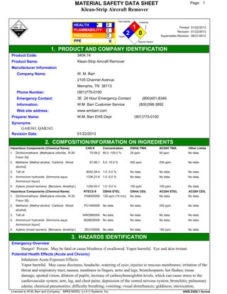 1Page:
Klean-Strip Aircraft Remover
MATERIAL SAFETY DATA SHEET
2
1
0 01/22/2013
08/21/2012
Revision:
Supercedes Revision:
01/22/2013Printed:
X
* 2
0
1
Instability
Special Hazard
Health
Flammability
HEALTH
FLAMMABILITY
PPE
PHYSICAL
1. PRODUCT AND COMPANY IDENTIFICATION
3404.14Product Code:
Klean-Strip Aircraft RemoverProduct Name:
Manufacturer Information
W. M. BarrCompany Name:
2105 Channel Avenue
Memphis, TN 38113
(901)775-0100Phone Number:
3E 24 Hour Emergency Contact (800)451-8346Emergency Contact:
W.M. Barr Customer Service (800)398-3892Information:
www.wmbarr.comWeb site address:
W.M. Barr EHS Dept (901)775-0100Preparer Name:
Synonyms
GAR343, QAR343
01/22/2013Revision Date:
2. COMPOSITION/INFORMATION ON INGREDIENTS
50 ppm25 ppm No data.
Hazardous Components (Chemical Name)
Dichloromethane {Methylene chloride; R-30;
Freon 30}
75-09-2
CAS #
60.0 -100.0 %
Concentration OSHA TWA ACGIH TWA Other Limits
1.
200 ppm200 ppm No data.Methanol {Methyl alcohol; Carbinol; Wood
alcohol}
67-56-1 5.0 -10.0 %2.
No data.No data. No data.Tall oil 8002-26-4 1.0 -5.0 %3.
No data.No data. No data.Ammonium hydroxide {Ammonia aqua;
Ammonium liquor}
1336-21-6 1.0 -5.0 %4.
100 ppm100 ppm No data.Xylene (mixed isomers) {Benzene, dimethyl-} 1330-20-7 1.0 -5.0 %5.
No data.No data. No data.
Hazardous Components (Chemical Name)
Dichloromethane {Methylene chloride; R-30;
Freon 30}
PA8050000
RTECS #
125 ppm (15 min)
OSHA STEL OSHA CEIL ACGIH STEL ACGIH CEIL
1.
250 ppmNo data. No data.Methanol {Methyl alcohol; Carbinol; Wood
alcohol}
PC1400000 No data.2.
No data.No data. No data.Tall oil WW2860000 No data.3.
No data.No data. No data.Ammonium hydroxide {Ammonia aqua;
Ammonium liquor}
BQ9625000 No data.4.
150 ppmNo data. No data.Xylene (mixed isomers) {Benzene, dimethyl-} ZE2100000 No data.5.
3. HAZARDS IDENTIFICATION
Emergency Overview
Danger! Poison. May be fatal or cause blindness if swallowed. Vapor harmful. Eye and skin irritant.
Potential Health Effects (Acute and Chronic)
Inhalation Acute Exposure Effects:
Vapor harmful. May cause dizziness; headache; watering of eyes; injuries to mucous membranes; irritation of the
throat and respiratory tract; nausea; numbness in fingers, arms and legs; bronchospasm; hot flashes; tissue
damage; spotted vision; dilation of pupils; increase of carboxyhemoglobin levels, which can cause stress to the
cardiovascular system; arm, leg, and chest pains; depression of the central nervous system; bronchitis; pulmonary
edema; chemical pneumonitis; difficulty breathing; vomiting; visual disturbances; giddiness; intoxication;
Licensed to W.M. Barr and Company: MIRS MSDS, (c) A V Systems, Inc. ANSI Z400.1 format
 