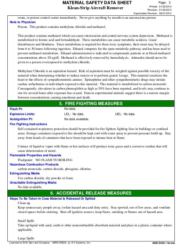 Klean strip aircraft remover msds