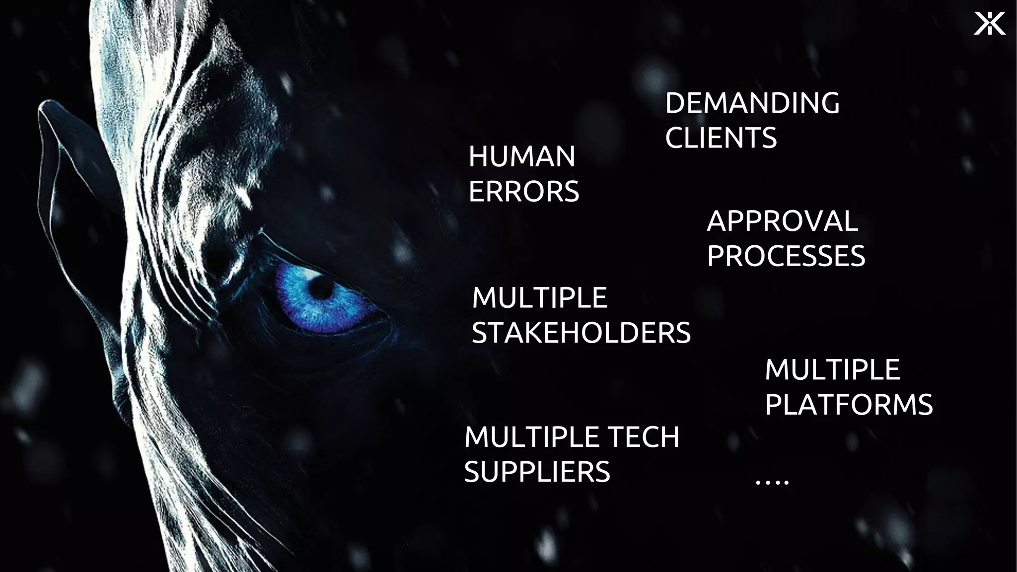 HUMAN
ERRORS
MULTIPLE
STAKEHOLDERS
APPROVAL
PROCESSES
MULTIPLE
PLATFORMS
MULTIPLE TECH
SUPPLIERS
DEMANDING
CLIENTS
….
 