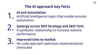 The AI approach key facts
1.
2.
3.
AI and Automation
Artificial Intelligence logics that enable process
automation
Synergy across SEO Strategy and SEO Tech
A symbiotic relationship to increase website
performance
Improved time to market
No code approach optimises implementation
timescales
KLEECKS KEY FACTS
 