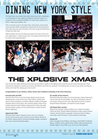 DINING NEW YORK STYLE
The Gala Dinner was another lavish affair. Starting out with a Manhattan
or Cosmopolitan in hand, glittering Distributors took their places for a
sumptuous meal including Rockerfeller Pie, Empire State potatoes and
Macy’s maple syrup pudding. Yum.
Then it was time to get on the dance floor. Frank Sinatra, Sammy Davis
Junior and Dean Martin provided the entertainment for the evening and
there were many can cans to be seen in the room during the final chorus
of New York, New York!
With the yellow taxi from the Showcase parked at the back of the room
and a glitzy décor, it made everyone even more determined that they will
be a part of that next destination!




    THE XPLOSIVE XMAS
Over the past five weeks, Distributors have been working hard to qualify for the Xplosive Xmas Incentive and win some amazing prices. These
incentives are designed to reward you for doing that little bit more than you usually do. The resulting sales not only win you prizes, but help you
climb up the Sales Plan reaping you more income!

Congratulations to our winners, whose names were revealed on Saturday at the Xmas Showcase:

Ezecook book and DVD                                                       Six months of free Internet
Hannah & Paul Turner, Ian & Anita Saville, Barbara & John Russell,         Richard & Greta Brownridge, John & Vera Bowden, Deborah Bennett &
Michele Browne, Louise & Paul Lewis, Alison Beal & Geoffrey Ault,          Yvonne Clark, Kim & Scott Keable, Paul Tawn & Clare Bason, Mavis &
Carlo & Cherry Hrynkiewicz, Di & Marc Webster, Geoffrey & Margaret         John Davies, Christina & John Cann, Beryl Wynter & Aaron Smalling,
Shepherd, Brian & Jenny Fisher, John & Denise Dawkes, Katrina & Ian        Rachel & Richard Mcfadden, Christopher & Linda Chappell
Hawker, Clarke & Caroline Walters, Margaret & Ian Foster, Alan Kelly,
Dorothy & Mark Loveday, John & Christina Barlow, Stewart & Elaina          £50 Naked Wine voucher
Renton, Kelly Burns                                                        Phillip & Ann McGhee, Antony & Aileen Gunn, Andrew Fountaine,
                                                                           Trish & Lee Fisher, Theresa Stafford & Maureen Hurley, Linda & Graham
Opportunity DVDs                                                           Coleman, Derrick & Maria Longwright, Timothy & Carole O’Sullivan,
Richard & Helen Peuleve, Margaret Jarman, Ron & Lyn Shypitka,              Julie Cotton & Neil Tomkinson, Sharon Bullock & David Taylor
Vincent Tsoi & Lorraine Lawlor, Johanna & Stuart Peuleve, Richard &
Kim White, Anthony Mervin, Karl-Josef & Brigitte Mergler, Chantele &       Income Kit
Barry Travis, David & Sheila Moss-Baker                                    Martin Douglass & Jane Rollings, Colin Boyce, David Wells & Angharad
                                                                           Bowen, Jonathan Farmer, Jillian & Peter Griffiths, Mark Jennings & Sian
                                                                           Murphy, Nigel Le Long, Willie Louw, John Hurd, Hilary Maynard




                                                                                                10.09.10 Issue 35 ENTERPRIZE WEEKLY BULLETIN
 