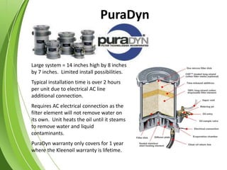 Large system = 14 inches high by 8 inches
by 7 inches. Limited install possibilities.
Typical installation time is over 2 hours
per unit due to electrical AC line
additional connection.
Requires AC electrical connection as the
filter element will not remove water on
its own. Unit heats the oil until it steams
to remove water and liquid
contaminants.
PuraDyn warranty only covers for 1 year
where the Kleenoil warranty is lifetime.
PuraDyn
 