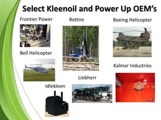 Bell Helicopter
Boeing Helicopter
Kalmar Industries
Rottne
Frontier Power
Select Kleenoil and Power Up OEM’s
Idlekleen
Liebherr
 