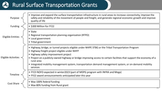 Rural Surface Transportation Grants
19
Purpose
• Improve and expand the surface transportation infrastructure in rural are...