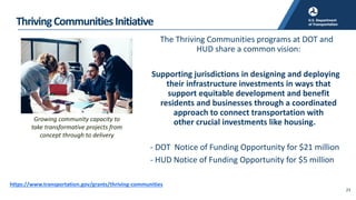 23
ThrivingCommunitiesInitiative
The Thriving Communities programs at DOT and
HUD share a common vision:
Supporting jurisd...