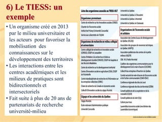 6) Le TIESS: un
exemple
• Un organisme créé en 2013
par le milieu universitaire et
les acteurs pour favoriser la
mobilisation des
connaissances sur le
développement des territoires
• Les interactions entre les
centres académiques et les
milieux de pratiques sont
bidirectionnels et
intersectoriels
• Fait suite à plus de 20 ans de
partenariats de recherche
université-milieu
 