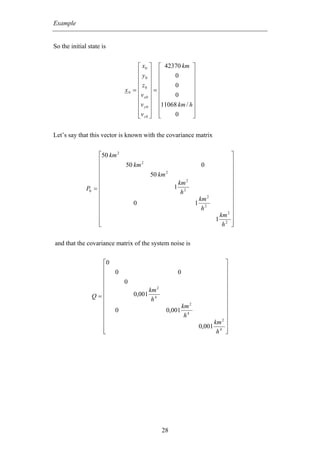 Example


So the initial state is


                                   ⎡ x0 ⎤ ⎡ 42370 km ⎤
                                   ⎢y ⎥ ⎢         0       ⎥
                                   ⎢ 0⎥ ⎢                 ⎥
                                   ⎢ z0 ⎥ ⎢       0       ⎥
                              x0 = ⎢ ⎥ = ⎢                ⎥
                                   ⎢v x 0 ⎥ ⎢     0       ⎥
                                   ⎢v y 0 ⎥ ⎢11068 km / h ⎥
                                   ⎢ ⎥ ⎢                  ⎥
                                   ⎢v z 0 ⎥ ⎢
                                   ⎣ ⎦ ⎣          0       ⎥
                                                          ⎦

Let’s say that this vector is known with the covariance matrix


                   ⎡50 km 2                                                     ⎤
                   ⎢                                                            ⎥
                   ⎢          50 km 2                              0            ⎥
                   ⎢                    50 km   2                               ⎥
                   ⎢                                                            ⎥
                                                        km 2
              P0 = ⎢                                1                           ⎥
                   ⎢                                     h2                     ⎥
                   ⎢                                               km 2         ⎥
                   ⎢             0                             1                ⎥
                   ⎢                                                h2          ⎥
                   ⎢                                                       km 2 ⎥
                                                                          1 2
                   ⎢
                   ⎣                                                        h ⎥ ⎦

and that the covariance matrix of the system noise is


                   ⎡0                                                        ⎤
                   ⎢ 0                                  0                    ⎥
                   ⎢                                                         ⎥
                   ⎢   0                                                     ⎥
                   ⎢          km 2                                           ⎥
                Q= ⎢     0,001 4                                             ⎥
                   ⎢           h                                             ⎥
                   ⎢                                 km 2                    ⎥
                   ⎢ 0                          0,001 4
                                                      h                      ⎥
                   ⎢                                                       2 ⎥
                   ⎢                                                    km
                                                                   0,001 4 ⎥
                   ⎢
                   ⎣                                                     h ⎥ ⎦




                                             28
 
