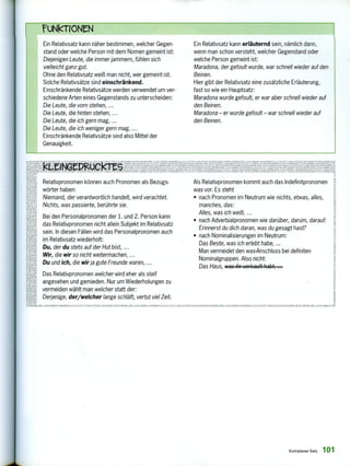 Ein Relativsatz kann näher bestimmen, welcher Gegen-
stand oder welche Person mit dem Nomen gemeint ist:
Diejenigen Leute, die immer jammern, fühlen sich
vielleicht ganz gut.
Ohne den Relativsatz weiß man nicht, wer gemeint ist.
Solche Relativsätze sind einschränkend.
Einschränkende Relativsätze werden verwendet um ver-
schiedene Arten eines Gegenstands zu unterscheiden:
Die Leute, die vorn stehen, ...
Die Leute, die hinten stehen, ...
Die Leute, die ich gern mag, ...
Die Leute, die ich weniger gern mag, ...
Einschränkende Relativsätze sind also Mittel der
Genauigkeit.
Ein Relativsatz kann erläuternd sein, nämlich dann,
wenn man schon versteht, welcher Gegenstand oder
welche Person gemeint ist:
Maradona, der gefoult wurde, war schnell wieder auf den
Beinen.
Hier gibt der Relativsatz eine zusätzliche Erläuterung,
fast so wie ein Hauptsatz:
Maradona wurde gefault, er war aber schnell wieder auf
den Beinen.
Maradona — er wurde gefoult— war schnell wieder auf
den Beinen.
Relativpronomen können auch Pronomen als Bezugs-
wörter haben:
Niemand, der verantwortlich handelt, wird verachtet.
Nichts, was passierte, berührte sie.
Bei den Personalpronomen der 1. und 2. Person kann
das Relativpronomen nicht allein Subjekt im Relativsatz
sein. In diesen Fällen wird das Personalpronomen auch
im Relativsatz wiederholt:
Du, der du stets auf der Hut bist, ...
Wir, die wir so nicht weitermachen, ...
Du und ich, die wir ja gute Freunde waren, ...
Das Relativpronomen welcher wird eher als steif
angesehen und gemieden. Nur um Wiederholungen zu
vermeiden wählt man welcher statt der:
Derjenige, der/welcher lange schläft, vertut viel Zeit.
Als Relativpronomen kommt auch das lndefinitpronomen
was vor. Es steht
• nach Pronomen im Neutrum wie nichts, etwas, alles,
manches, das:
Alles, was ich weiß, ...
• nach Adverbialpronomen wie darüber, darum, darauf;
Erinnerst du dich daran, was du gesagt hast?
• nach Nominalisierungen im Neutrum:
Das Beste, was ich erlebt habe,
Man vermeidet den was-Anschluss bei definiten
Nominalgruppen. Also nicht:
Das Haus, was ihr verkauft habt, ...
14, ,,,,11,11, , ARLAKIENKLUNTIDRI,K7n3 PIK'LUNA MEN .NDUWALU: zu,Nr, ,MIANTENKUINGLOR,1(71. AUSNAUWEI, 5.7,,
Komplexer Salz 101
rUNkT1ONeN
 